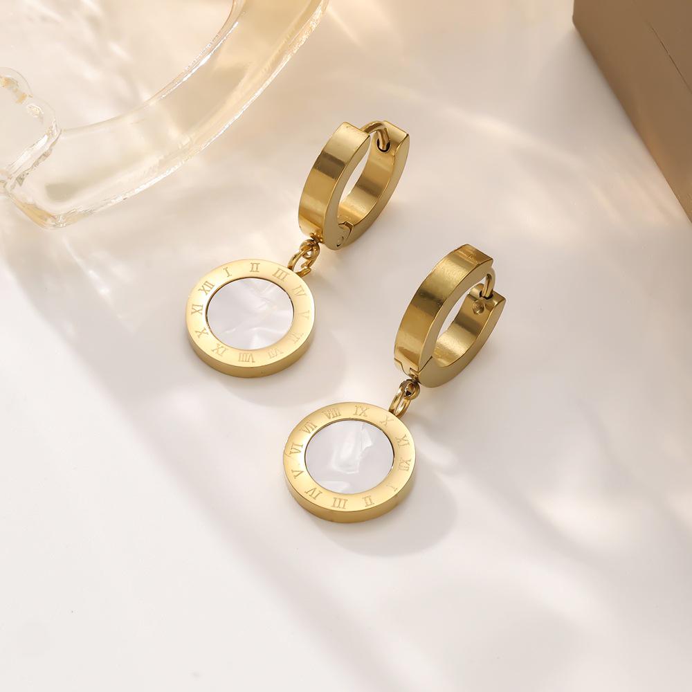Fashion Titanium Steel Roman Numeral Earrings - Black & White Simple Commute Style