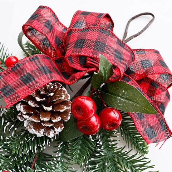 Christmas Teardrop Swag Wreath Artificial Pine Branch Teardrop Swag with Pine Cone Red Berry And Plaid Bow for Winter Front Door Wall Staircase