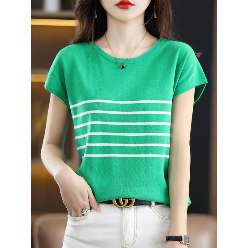 Pure Cotton Round Neck Striped Sweater T-shirt for Women In Summer New Simple and Versatile Short-sleeved Soft Top