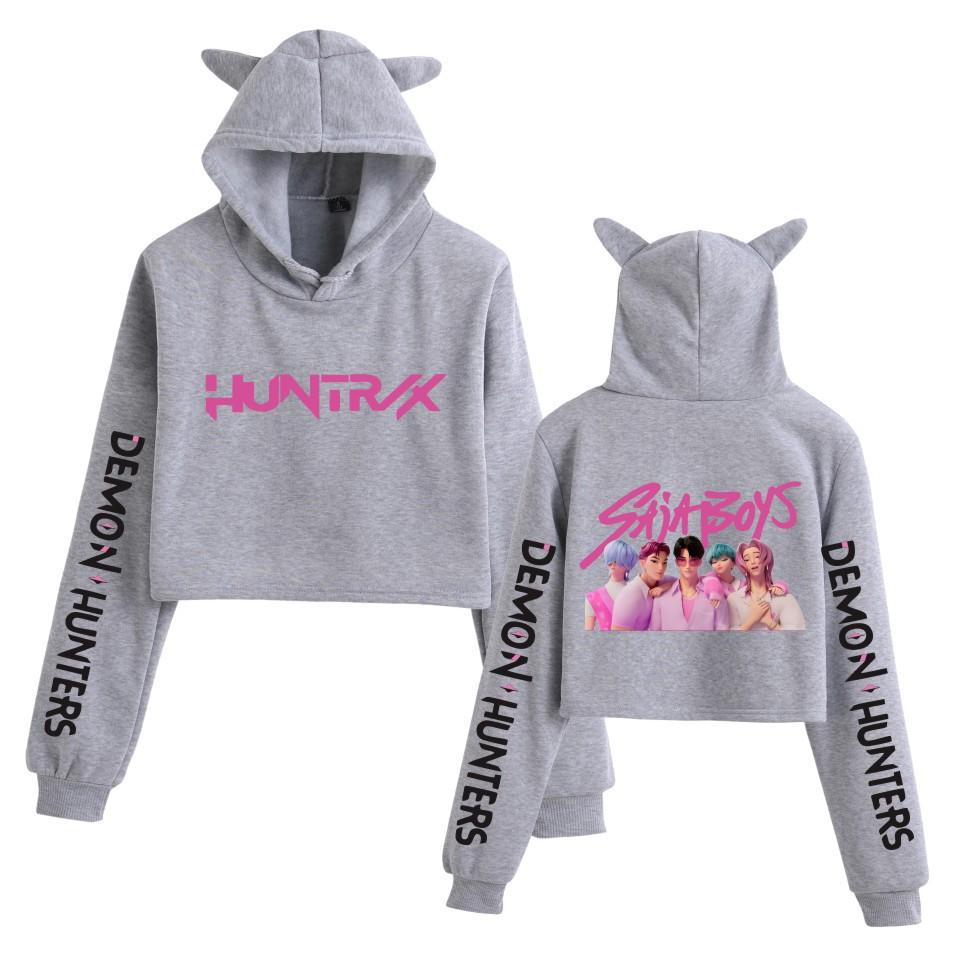 Аниме K-Pop Охотники на демонов Saja Boys Укороченные топы Толстовка с кошачьими ушками С длинным рукавом Модная толстовка для девочек XXS серый