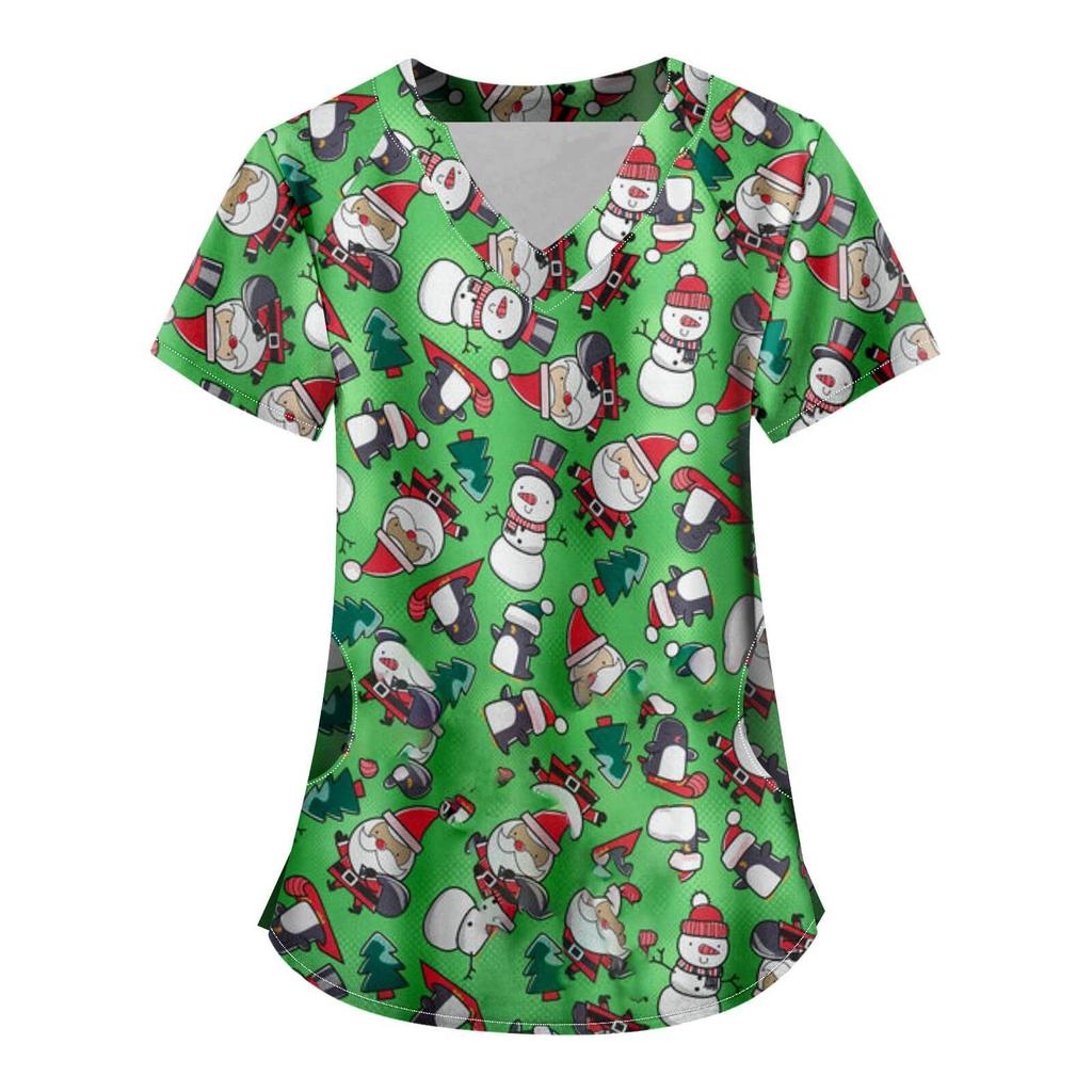 Uniform V-neck short sleeve fashion nursing clothes tops beauty t-shirt wholesale nursing clothes Christmas snowman print