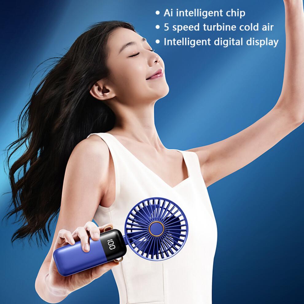 (Blue) Powerful Handheld Fan with Digital Display 1200mAh 5 Speed Desk Fan USB Charging Cooling Fan