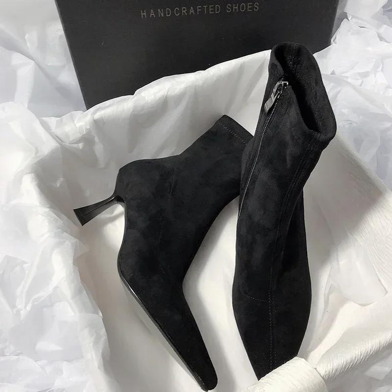 Pointed Toe Sock Short Boots Fashion Side Zipper  Ankle Booties Thin High Heel Autumn Winter Ladies Shoes