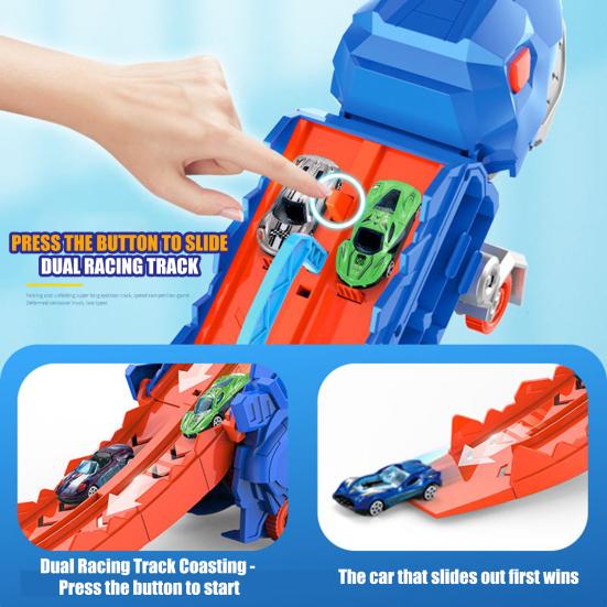 1 Set Dinosaur Swallow Truck Toy with Small Alloy Car Foldable Track Portable Handle Inertial Drive Dinosaur Container Carrier Vehicle Toy Boys Girls