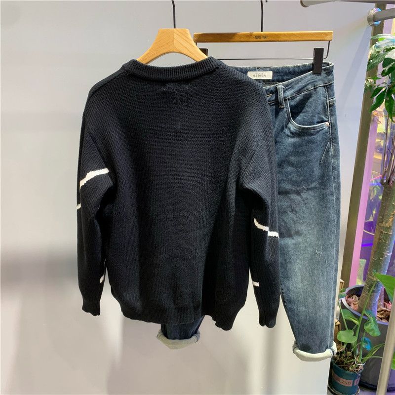 Men Autumn and Winter New Trendy Fashion Color Matching Loose Pullover Sweater Warm Casual Round Neck Bottoming Shirt