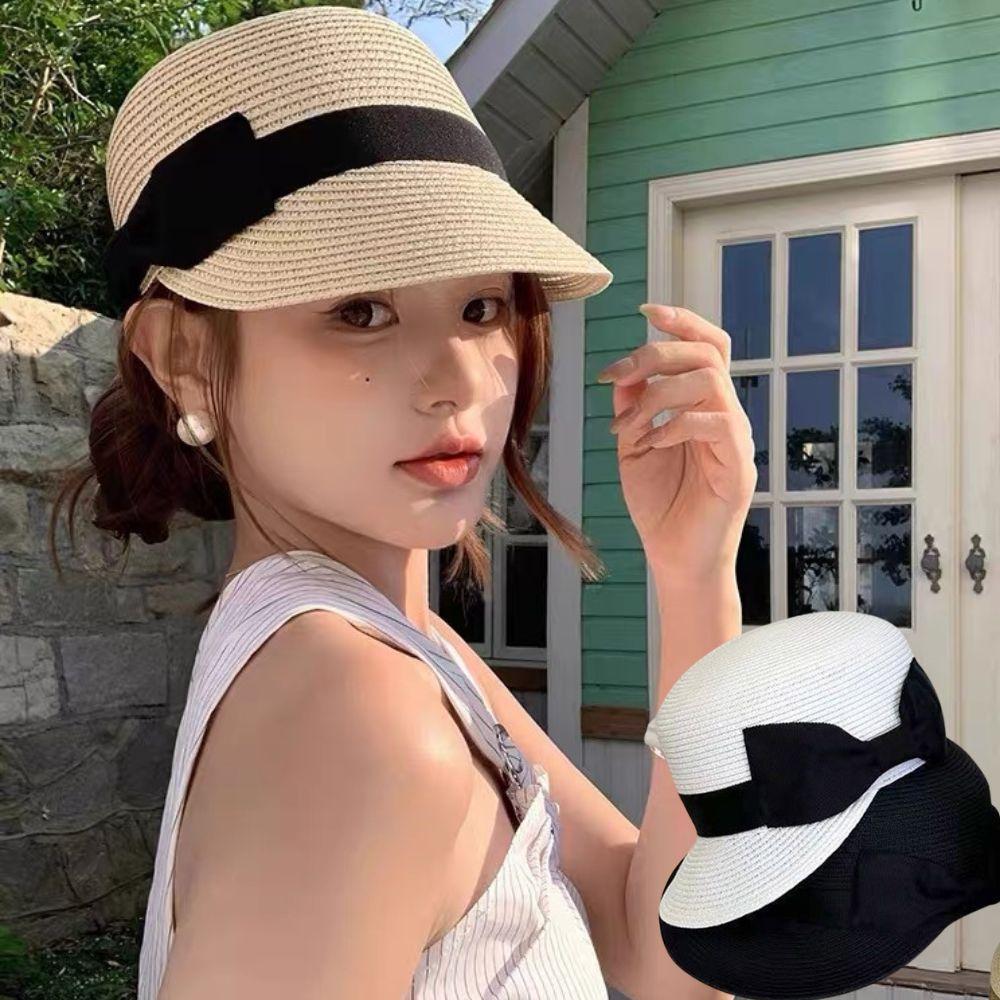 Fashion French Style Bow Straw Hat Elegant Summer Beach Vacation Cap Large Brim Fisherman Cap Women's Sun Hat Outdoor Holiday