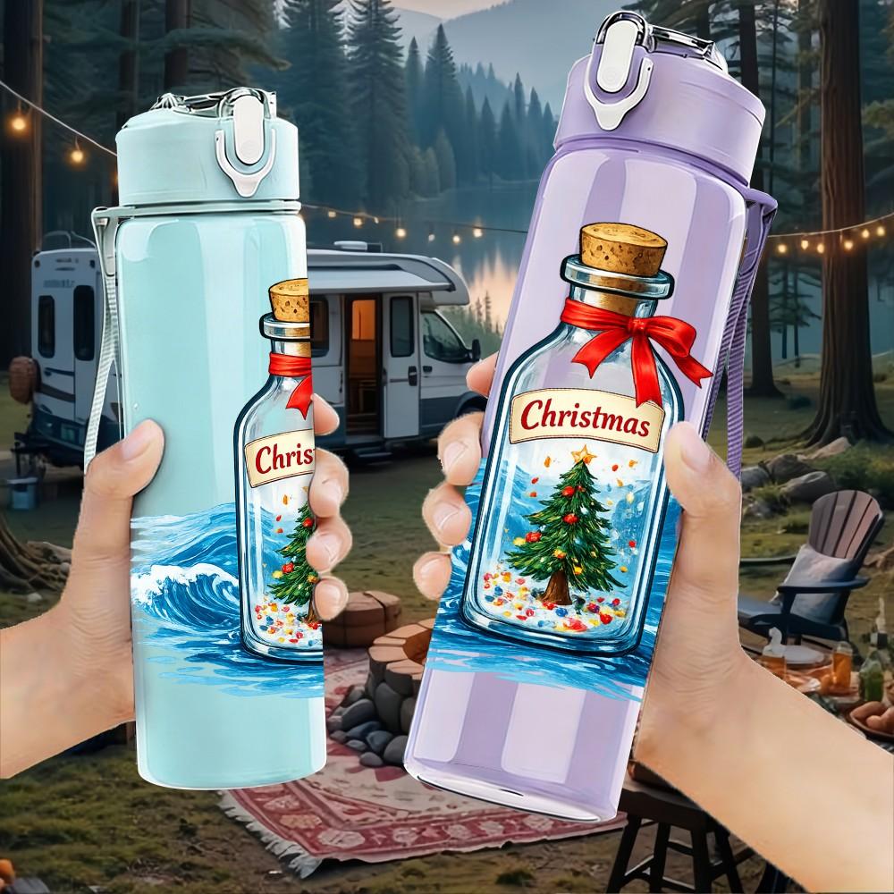 1PC Glass Bottle Christmas Tree Ocean Print 750ml Color Plastic Sports Water Bottle Leakproof Flip Straw Lid Suitable for Sports Office Home Use