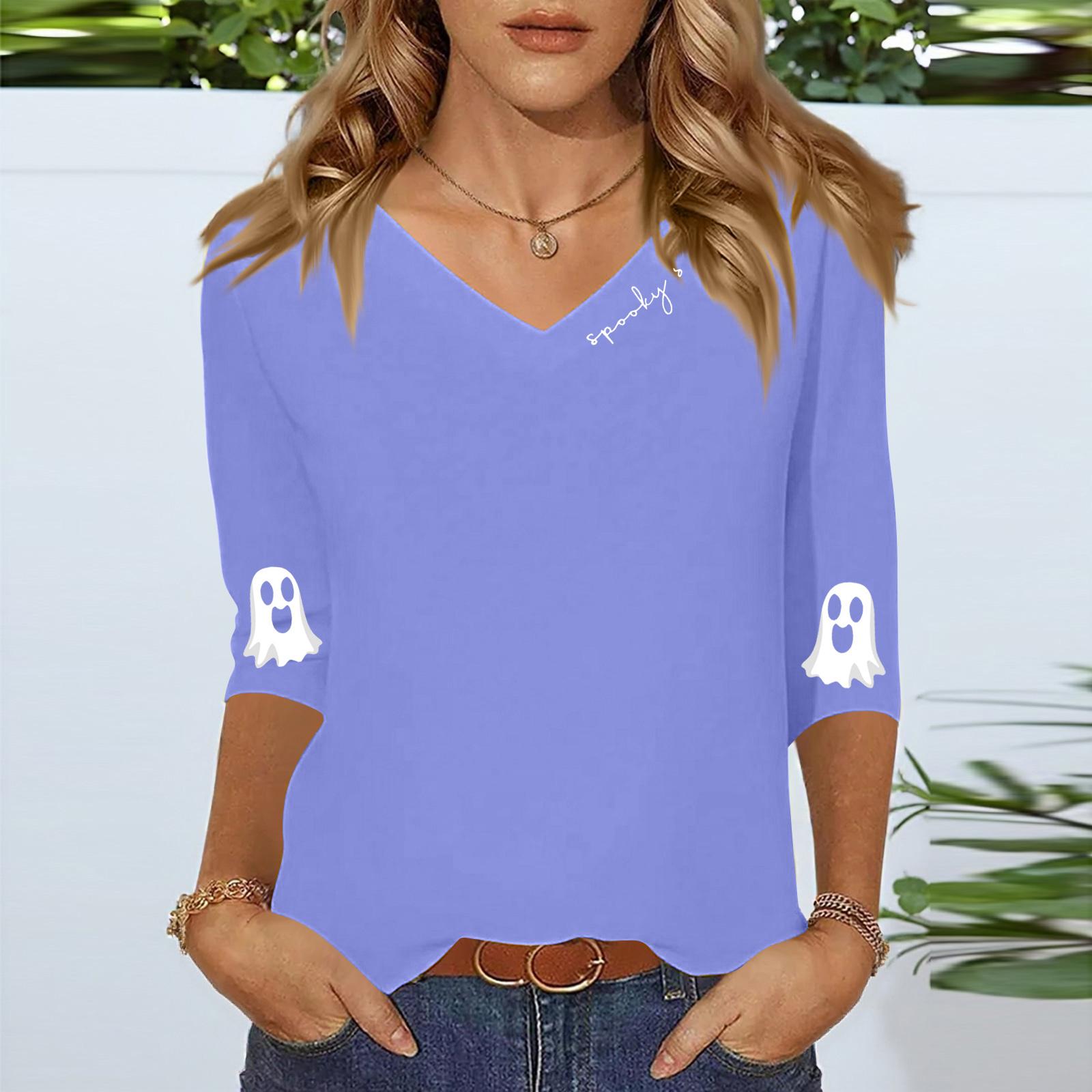 

Women s Three-quarter Sleeve Shirt V-neck Loose Casual Spooky Scason Halloween Print Top XXL