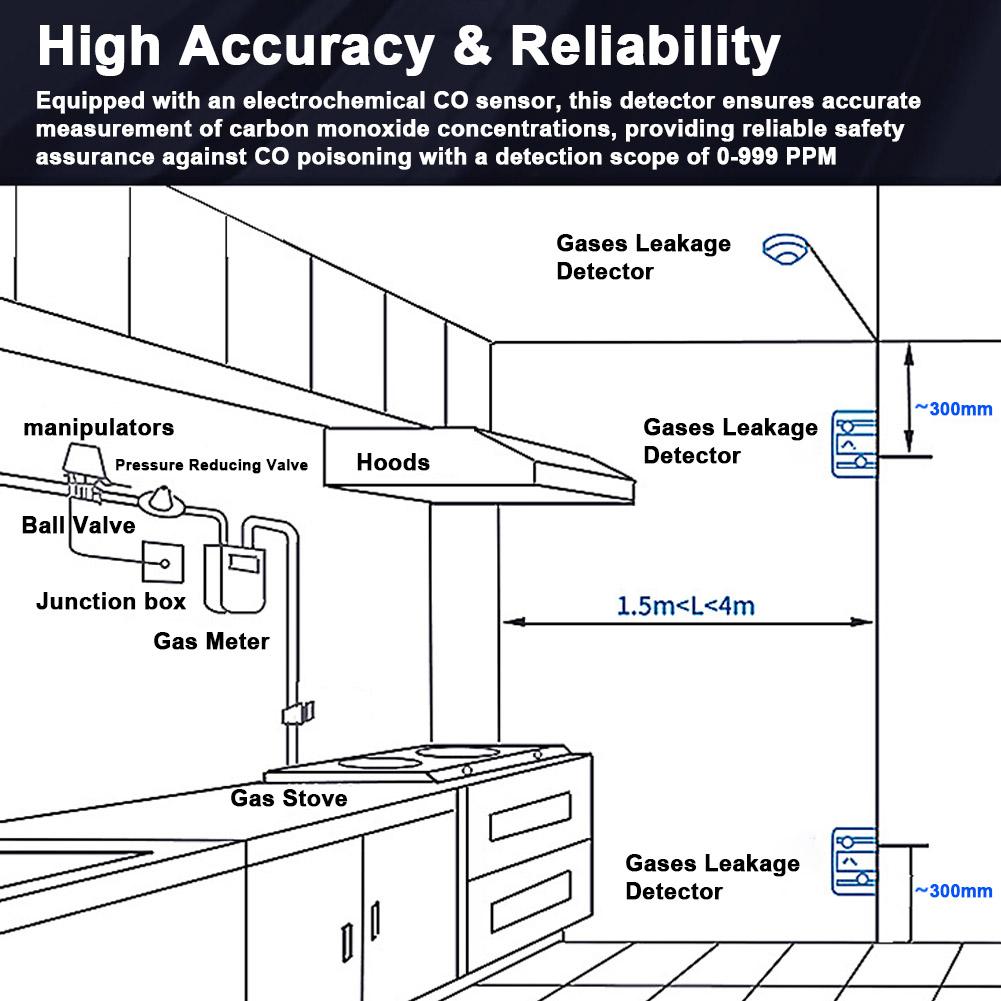 Electrochemical Sensor Carbon Monoxide Gases Leakage Detector Unit 3 Digit LCD Display Sound and Light Alarm LED