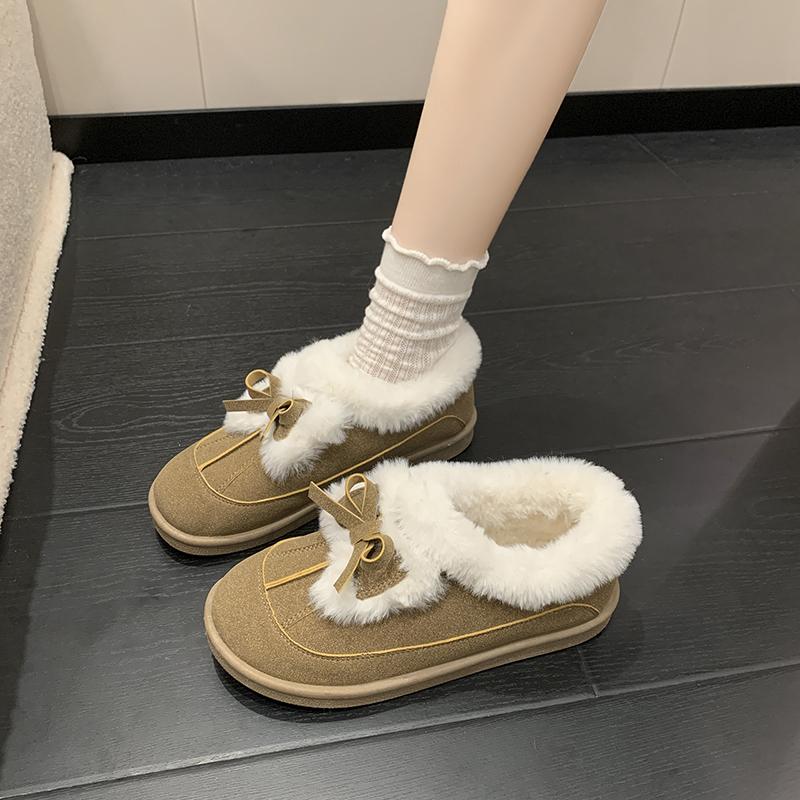 Winter Warm Short Plush Suede Casual Shoes Women 2026 Sweet Bowknot Furry Non Slip Snow Boots Fluffy Fur Woman's Ankle Boots
