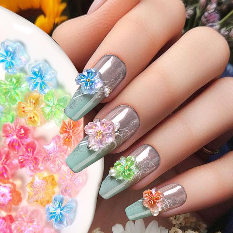 50Pcs 3D Flowers Butterfly For Nails Charms Gradient Ice Translucent Flower Nail Charms Luminous Decoration For Nails Design