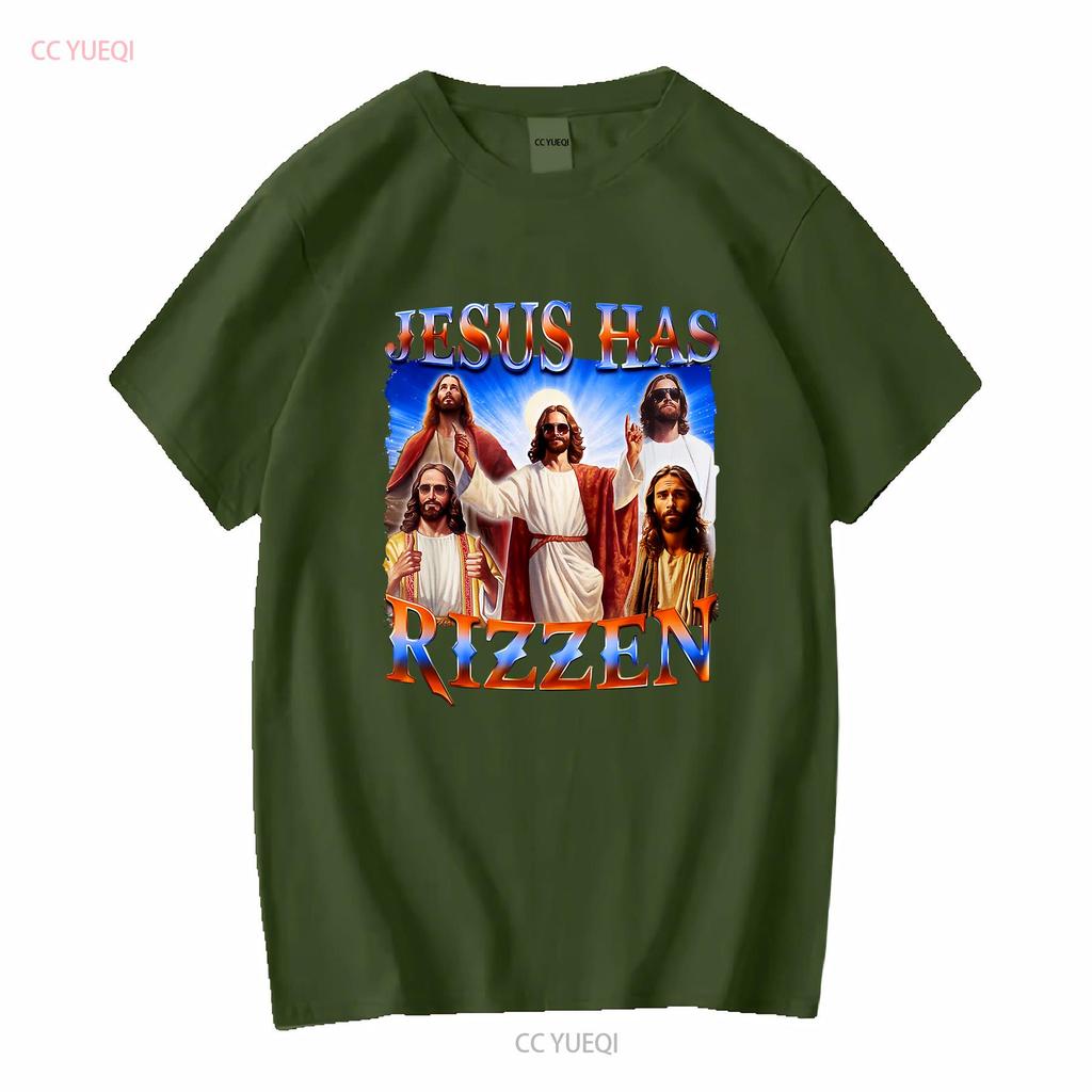 Jesus Has Rizzen He Is 2024 T Shirt Mens clothing long or short sleeves vintage Washed streetwear Slightly designer clothes