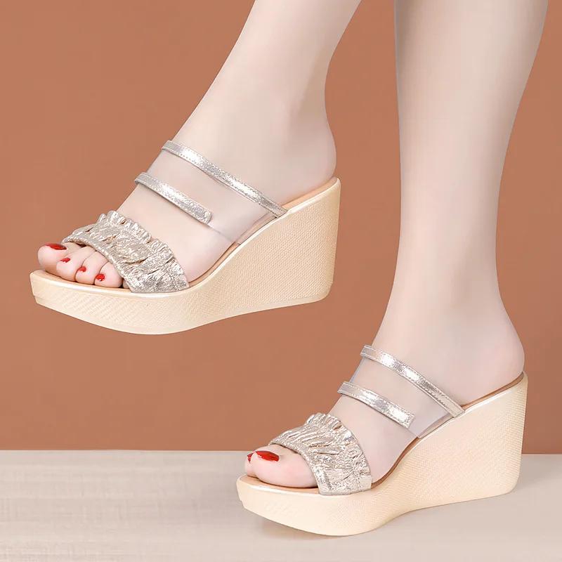 

8cm Small Size 32-43 Fashion Wavy Leather Slippers Summer Platform Wedges Shoes 2025 High Heels Slides for Office Beach Mom 43