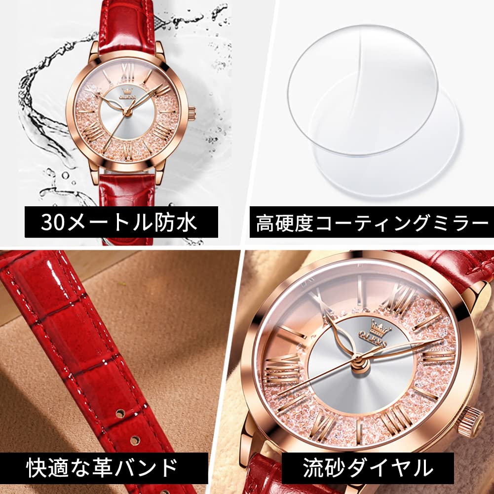 OLEVS Watch Popular Quartz Arm Watch Rose Gold Diamond Quicksand Dial Glitter Waterproof Luminous Present Day Leather Strap Red Women's Mother's