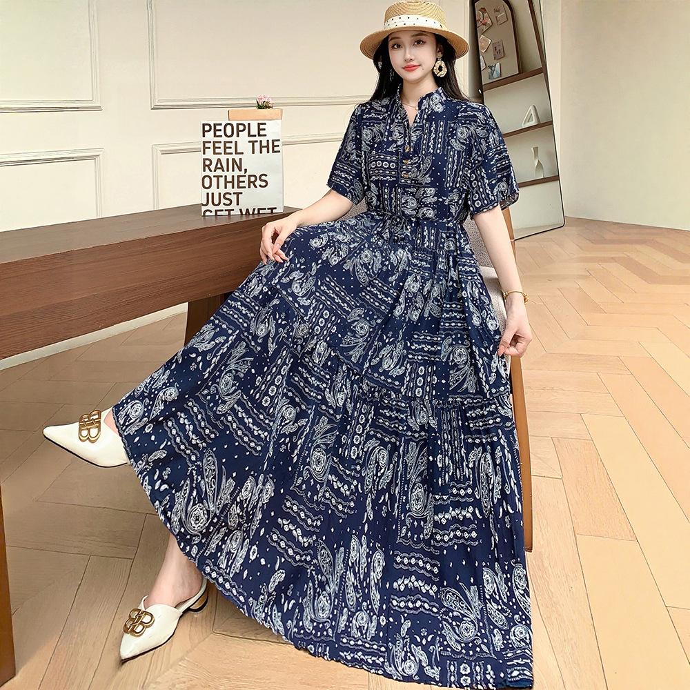 

Elegant Bohemian Floral Long Dress with Elastic Waist for Summer, Beach, Maternity, and Plus Sizes One Size (Fits up to 170 pounds)