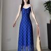 Blue Plaid V-neck Suspender Dress Women's Summer Lace Splicing Slim Skirt Vacation Style Waist A-word Long Dress