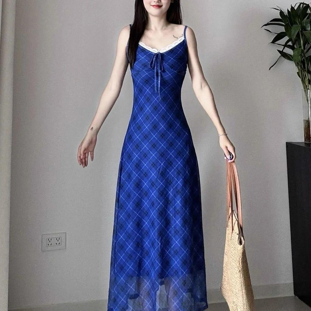 Blue Plaid V-neck Suspender Dress Women's Summer Lace Splicing Slim Skirt Vacation Style Waist A-word Long Dress