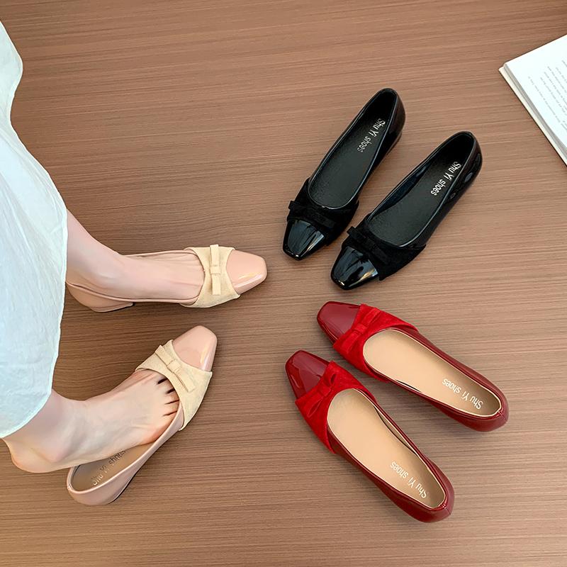 Fashion New Fashion Stitching Woolen Women's Basic Black Soft Leather Ballet Shoes Flats Shoes Round Toe Shallow Bow Ballet Single Shoes