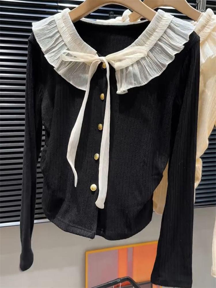 

Франція Елегантна сорочка з довгими рукавами Жіноча пуловер для вечірки з солодким бантом і рюшами Осінь-зима Модний дизайн Чуттєвий низ L чорний