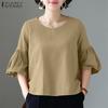 ZANZEA Women Casual Round Neck Loose 3/4 Sleeve Solid Blouse