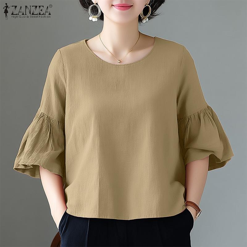 ZANZEA Women Casual Round Neck Loose 3/4 Sleeve Solid Blouse