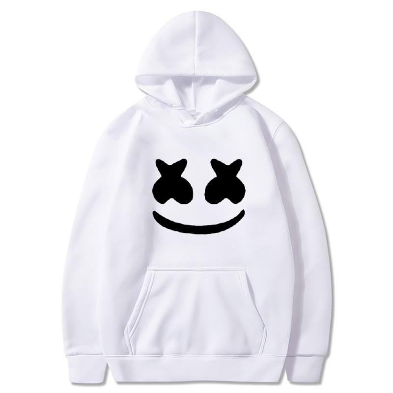 Mens Marshmello Smiley Face Hooded Sweatshirt Loose Fit Cotton Blend Winter Pullover