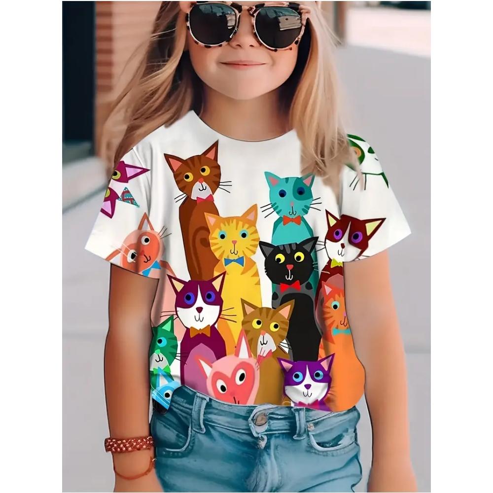 Kids Girls Clothes Cute Cat 3D Print Summer Short Sleeves Graphic Outdoor Children Cute Style