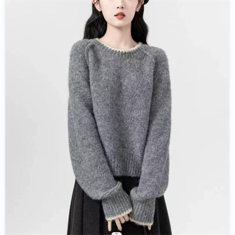 Sweater autumn wear crew neck contrasting color pullover knitted sweater women's autumn and winter new long-sleeved women's clothing top coat