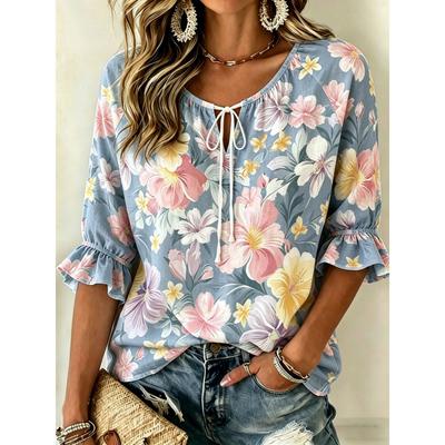 Women's Blue Multicolor Floral Print Tie Neck Blouse, Casual Loose Tops for Spring Summer Daily Wear & Vacation Occasions