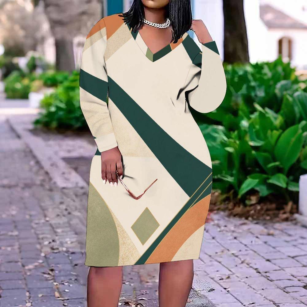 Women Plus Size V Neck Long Sleeve Printed Fitted Straight Hem Dress