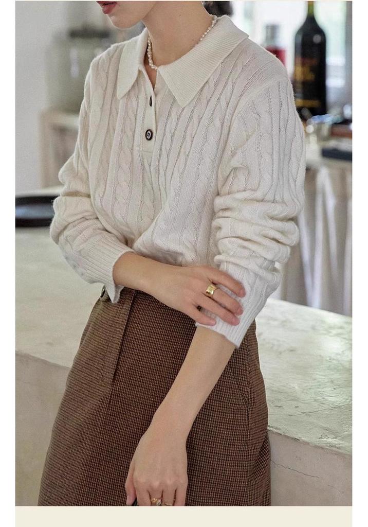 Autumn/Winter POLO Collar Cable Knit Wool Pullover Sweater, Long Sleeve and Loose Fit.