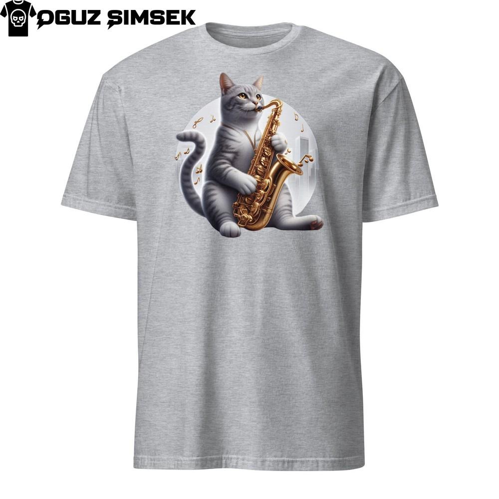 

Реалистичная кошка, играющая на саксофоне, футболка унисекс с коротким рукавом | Подарок для любителя музыки 2XL