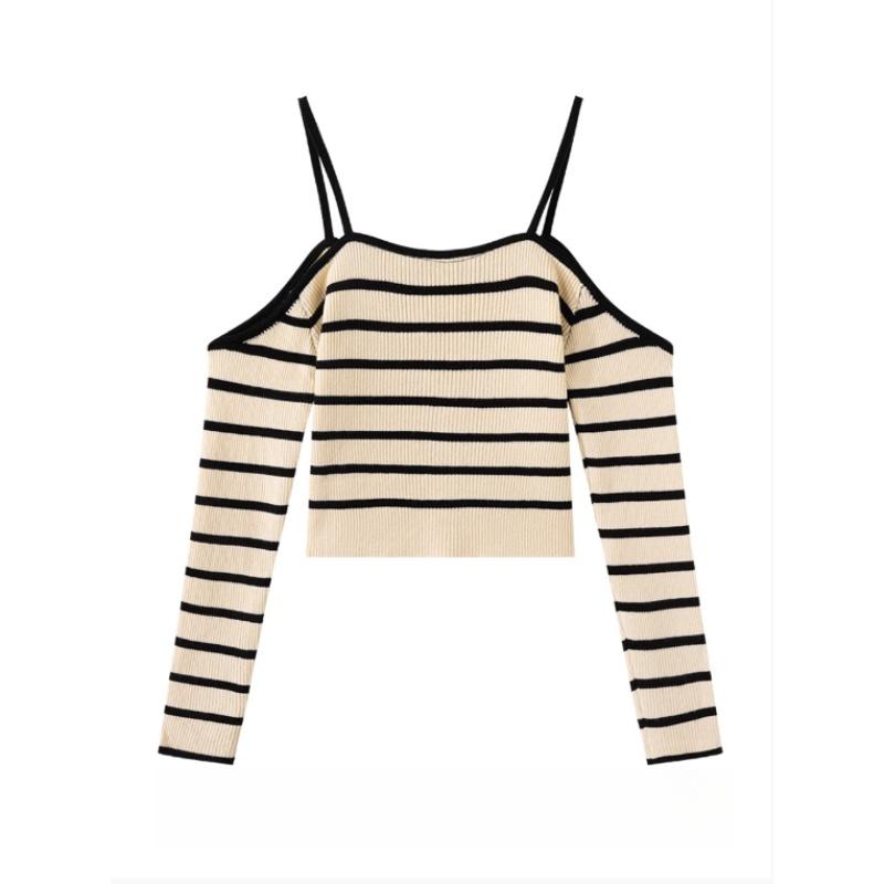 A Unique and Distinctive Off-the-shoulder Striped Knitted Sweater with A New Design Sense, A Fitted Short Long-sleeved Sweater Top