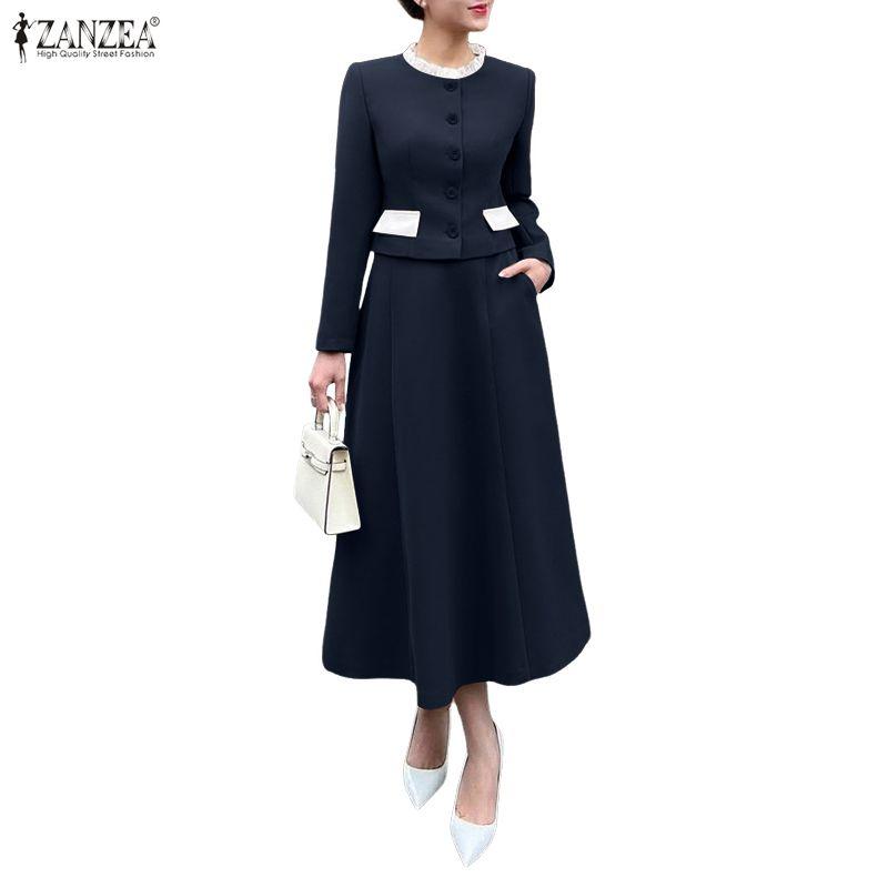 ZANZEA Women Long Sleeve Blouse and Skirts Casual Two Piece Suit Sets