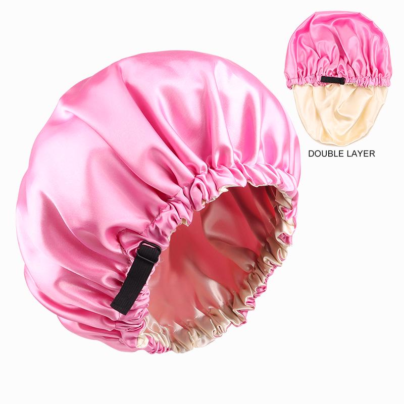 Dual-Layer Satin Sleep Cap with Adjustable Buckle, Reversible Solid Color Design - Elastic European/American Shower Cap