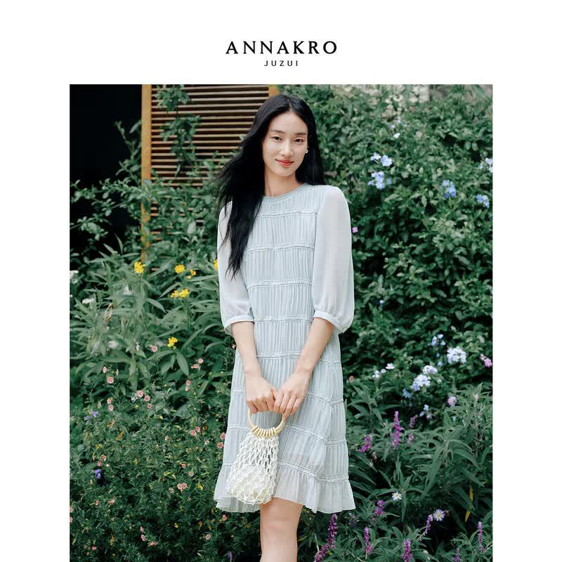 JUZI Annakol Elegant Smocked Sequin Chiffon Dress L