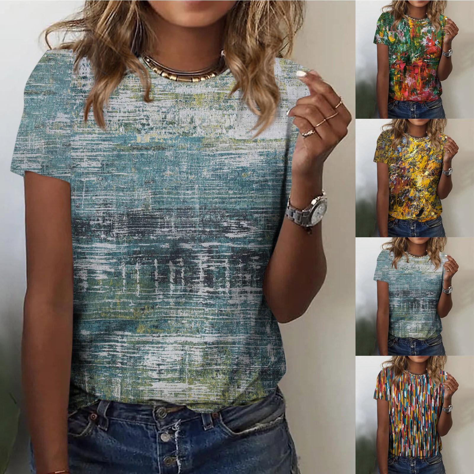 

(Куниде) Женская модная повседневная блузка с круглым вырезом и коротким рукавом с принтом