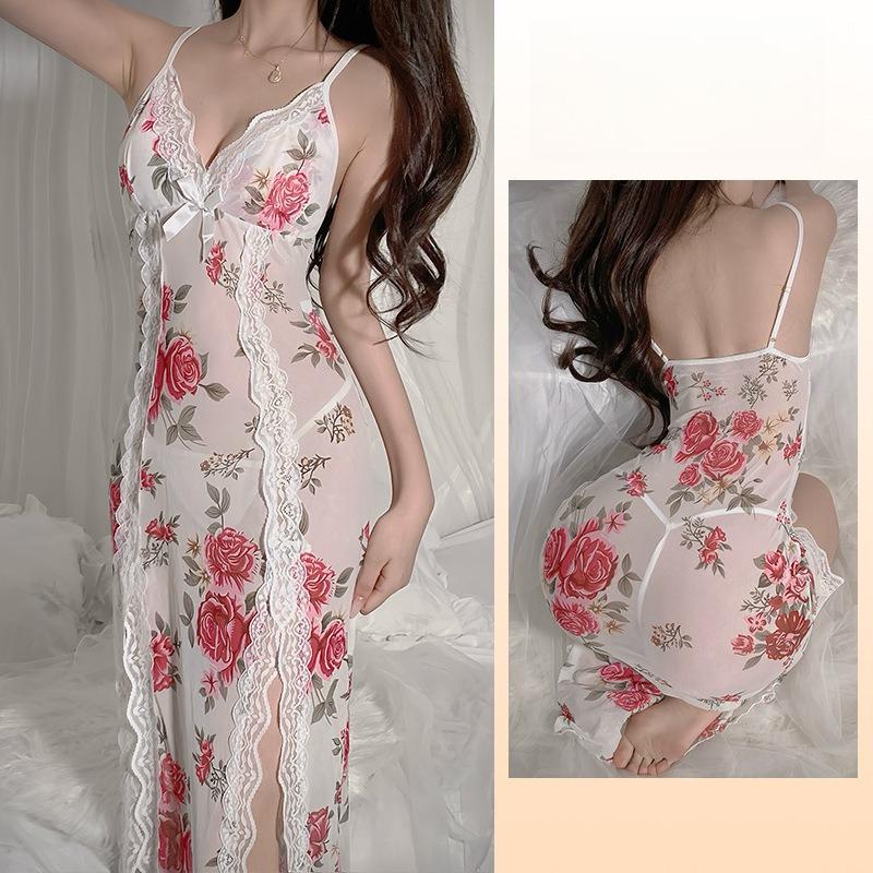 Netz-Blumenmuster Spitze Nachthemd Transparent Lang Hoher Schlitz Damen Loungewear 769 Romantische Feminine Nachtwäsche mit Schönen Blumenmustern