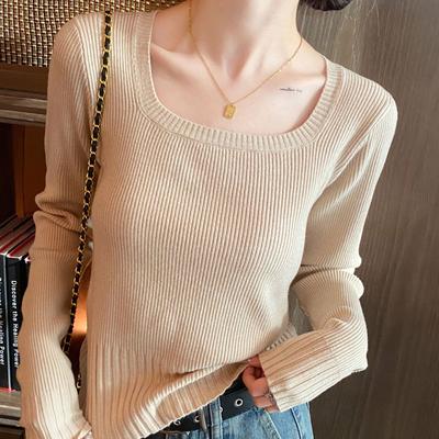 Jesienny Sweter Dzianinowy z Kwadratowym Dekoltem Kobiety Slim Fit Długi Rękaw Swetry Bazowe Damskie Casual Jednolity Damska Dzianina Top Odzież Zimowa 31034
