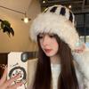 Fashion Rabbit Fur Patchwork Knit Bucket Hat Women Warm Fall Winter Large Head Size Face Slimming
