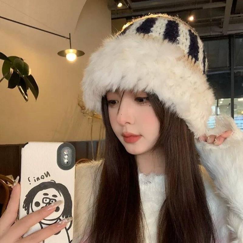 Fashion Rabbit Fur Patchwork Knit Bucket Hat Women Warm Fall Winter Large Head Size Face Slimming