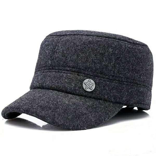 Middle-aged and Elderly Hats Men's Autumn and Winter Woolen Warm Flat-top Hats Five-star Thickened Dad Hats Grandpa Hats Peaked Hats