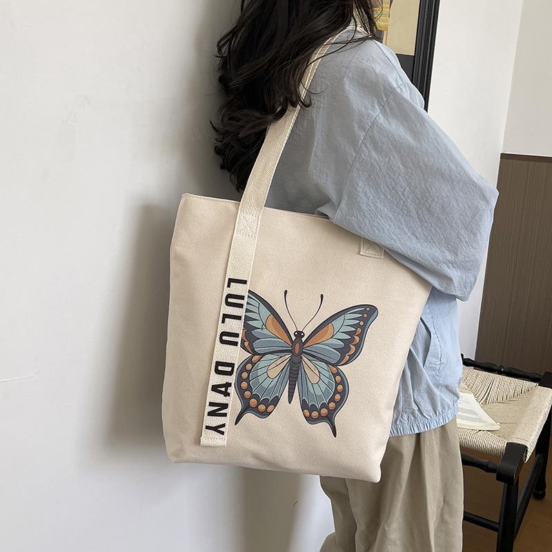 Women's Retro Butterfly Print Canvas Shoulder Bag - Stylish, Artistic, Large Capacity for Beach & Casual Use