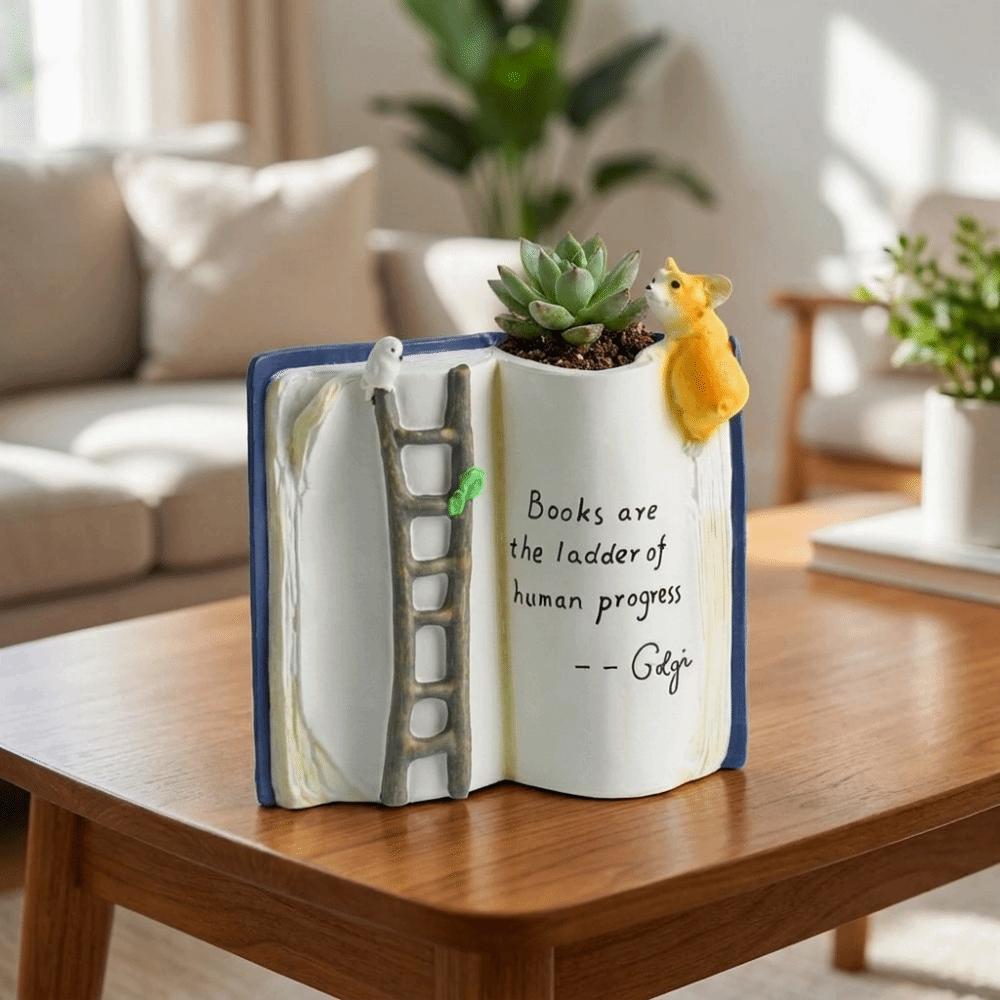 Compact Puppy Bird Ladder Planter Polyresin Open Book Flower Pot Book-Shaped Planter Office Use