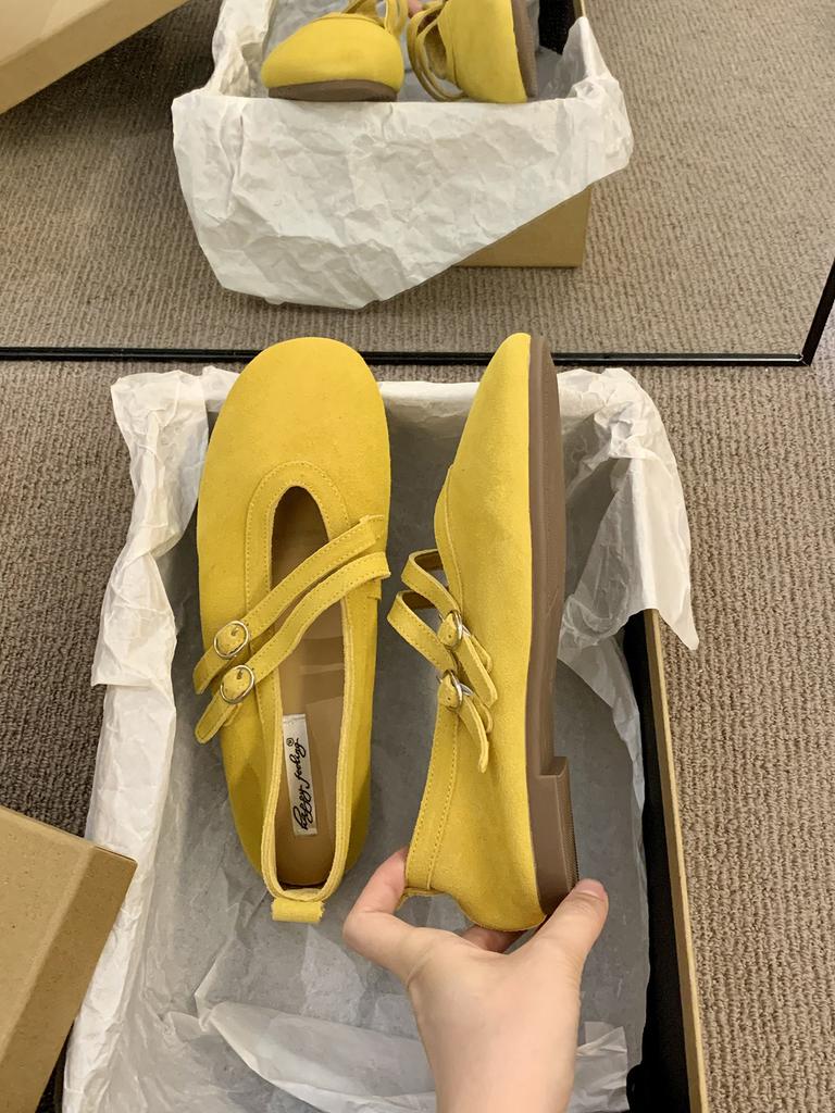 Cowhide version~ round head retro yellow Mary Jane shoes women's soft-soled cross-strapped ballet commuter single shoes women's ladyshoes