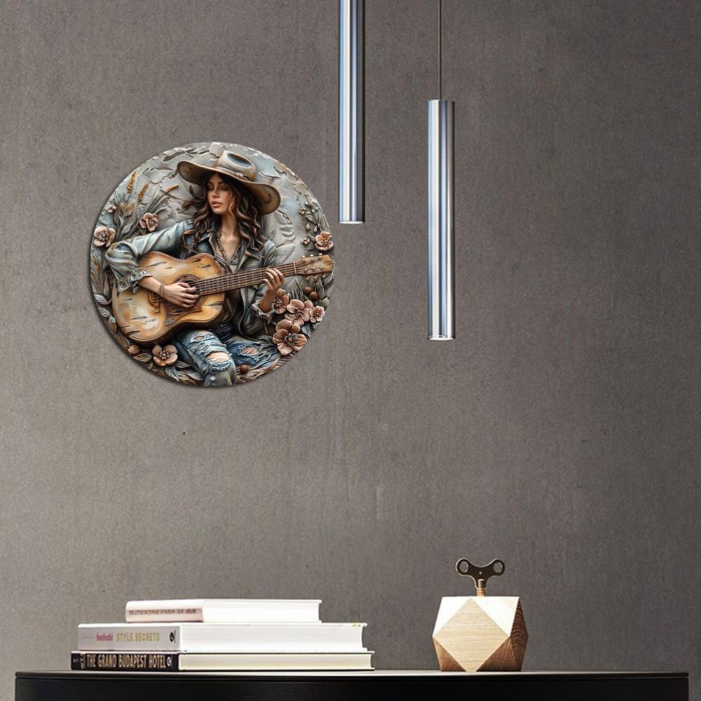 Round Wooden Wall Art Decor, Music-Themed Guitar, 3D Relief Design, Durable, Outdoor, Indoor, Office, Home Decor