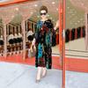 Spring Autumn Women's Gold Velvet Dress Round Neck Printed Plus Size Dress Long Floral Dresses