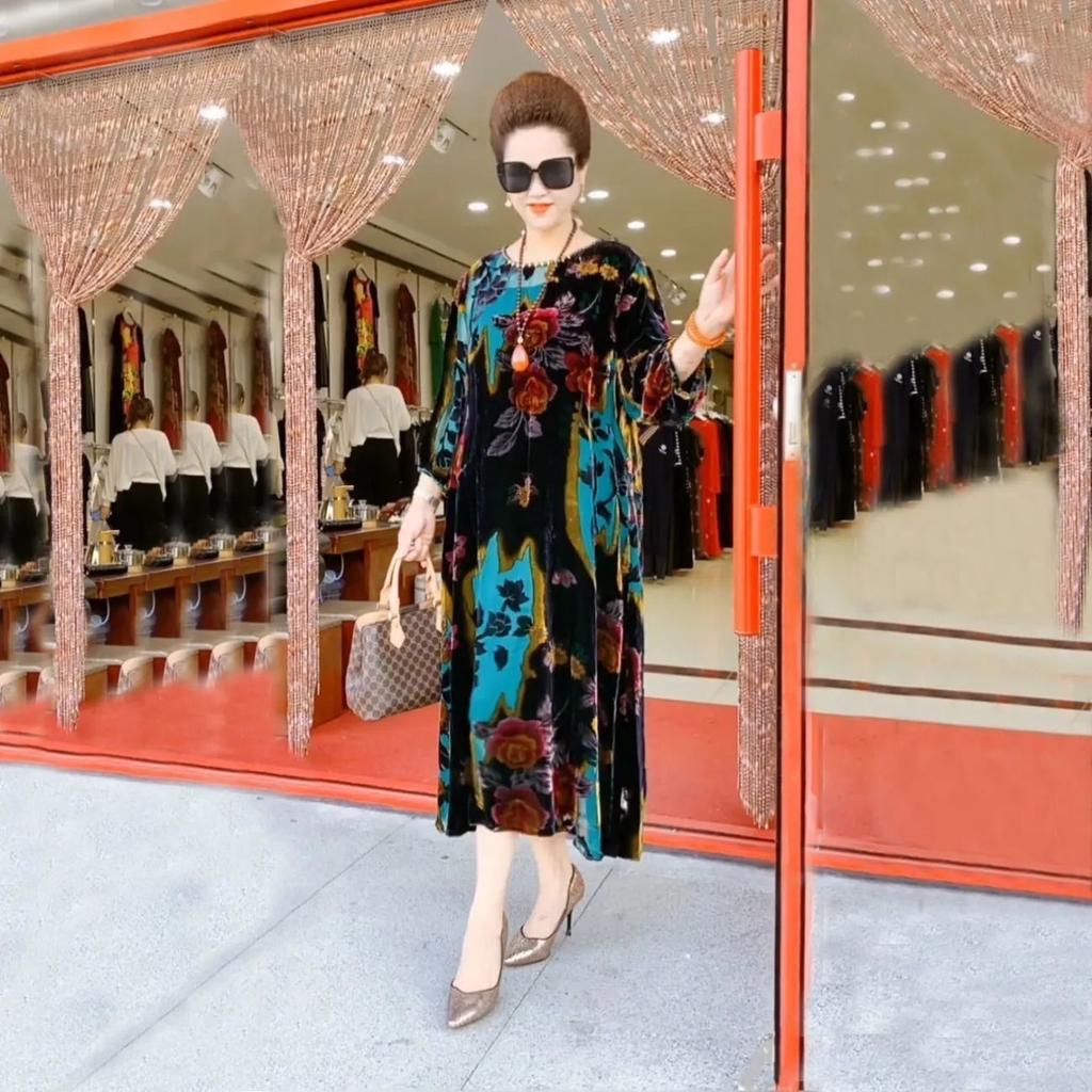 Spring Autumn Women's Gold Velvet Dress Round Neck Printed Plus Size Dress Long Floral Dresses