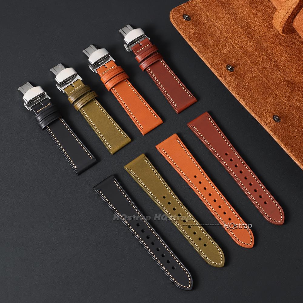 Smooth Calfskin Leather Watch Band 20mm 22mm Straps Stainless Steel Butterfly Buckle Leather Bracelet Black Brown Wristband Belt