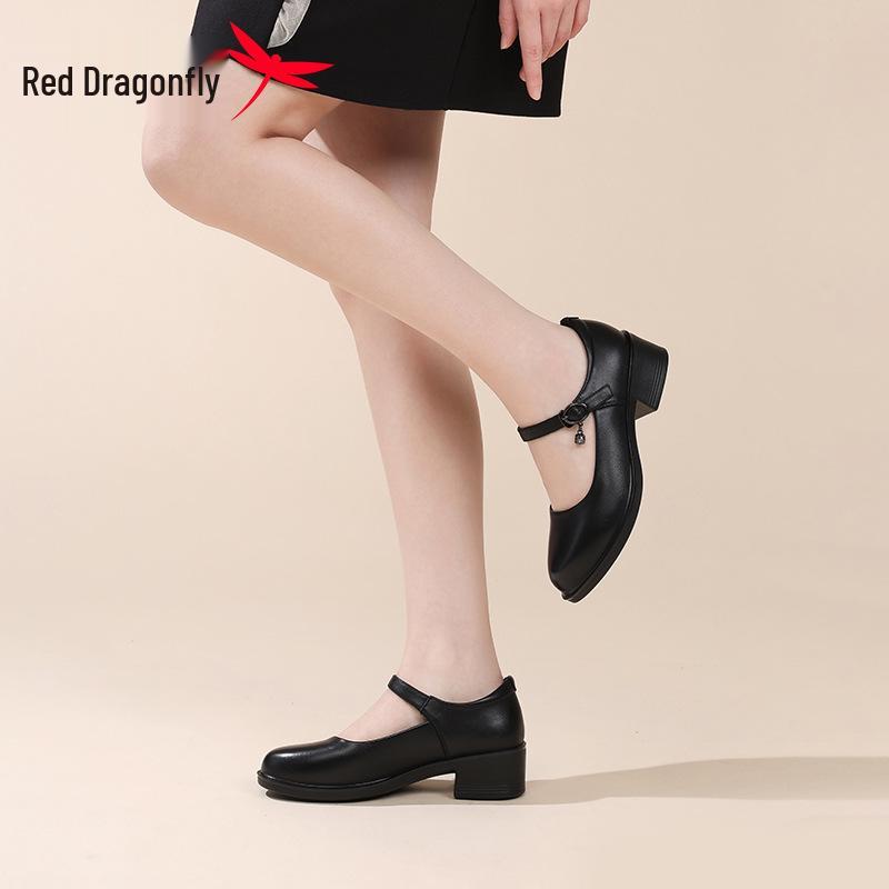 Red Dragonfly Women's Genuine Leather Mary Jane Loafers - Chunky Heel, Shallow Cut, Perfect for Spring and Autumn.